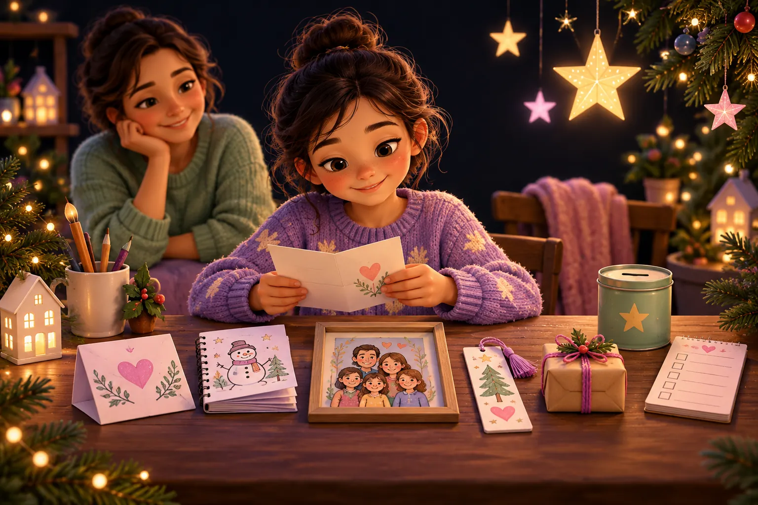 AI-generated storybook illustration of a girl making a card beside her mother, with small handmade gifts on a Christmas table.
