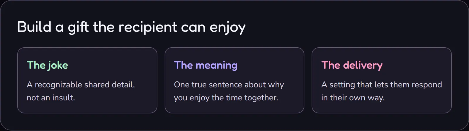 An affectionate funny gift combines a shared joke, one true sentence about its meaning, and a comfortable way to give it without demanding a performance.