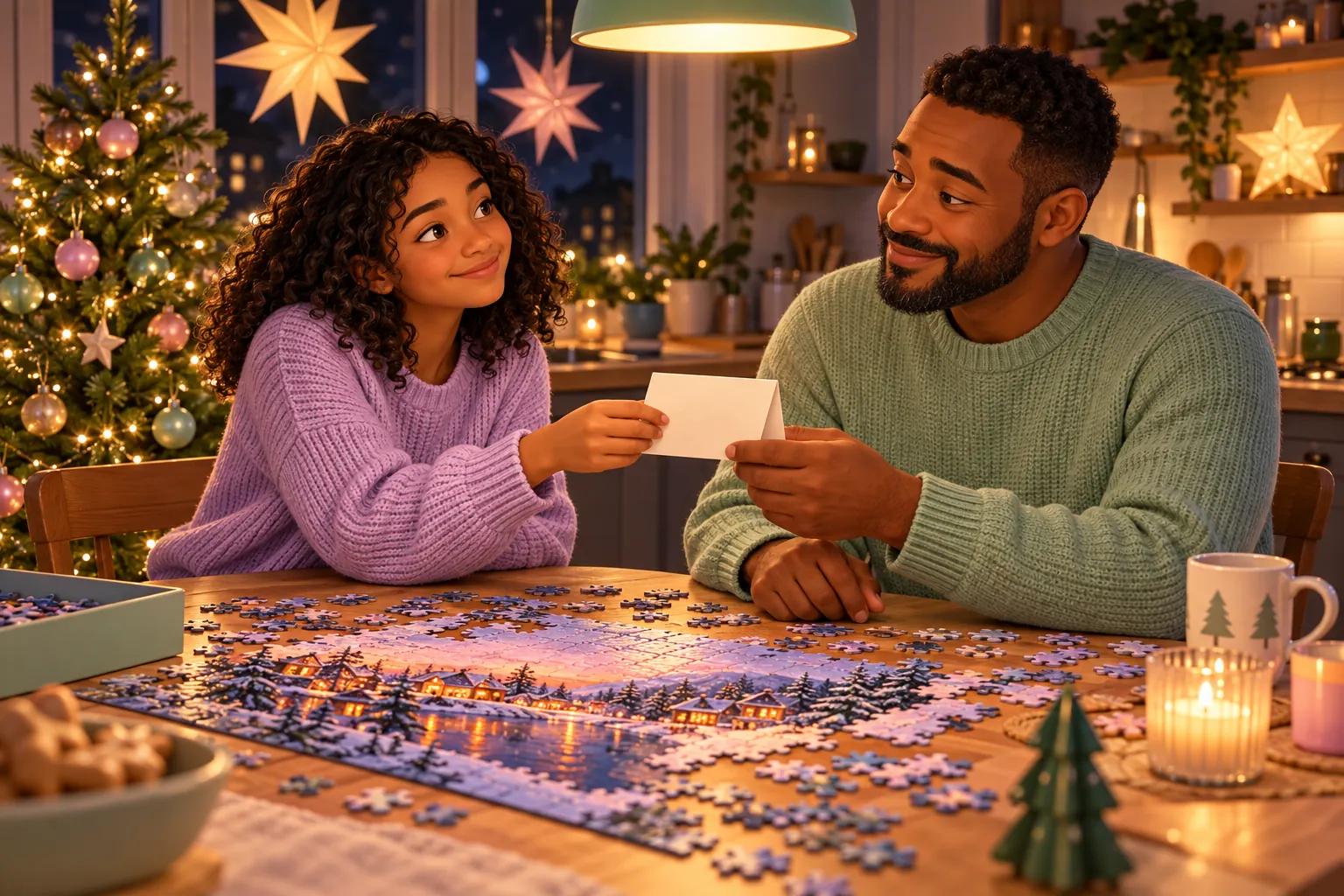 AI-generated storybook illustration of a daughter giving her stepdad a plain card beside a partly completed puzzle at Christmas.