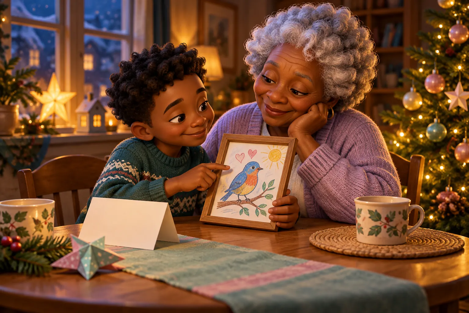 AI-generated illustration of a grandmother and grandson enjoying a framed bird drawing at a modest Christmas table.