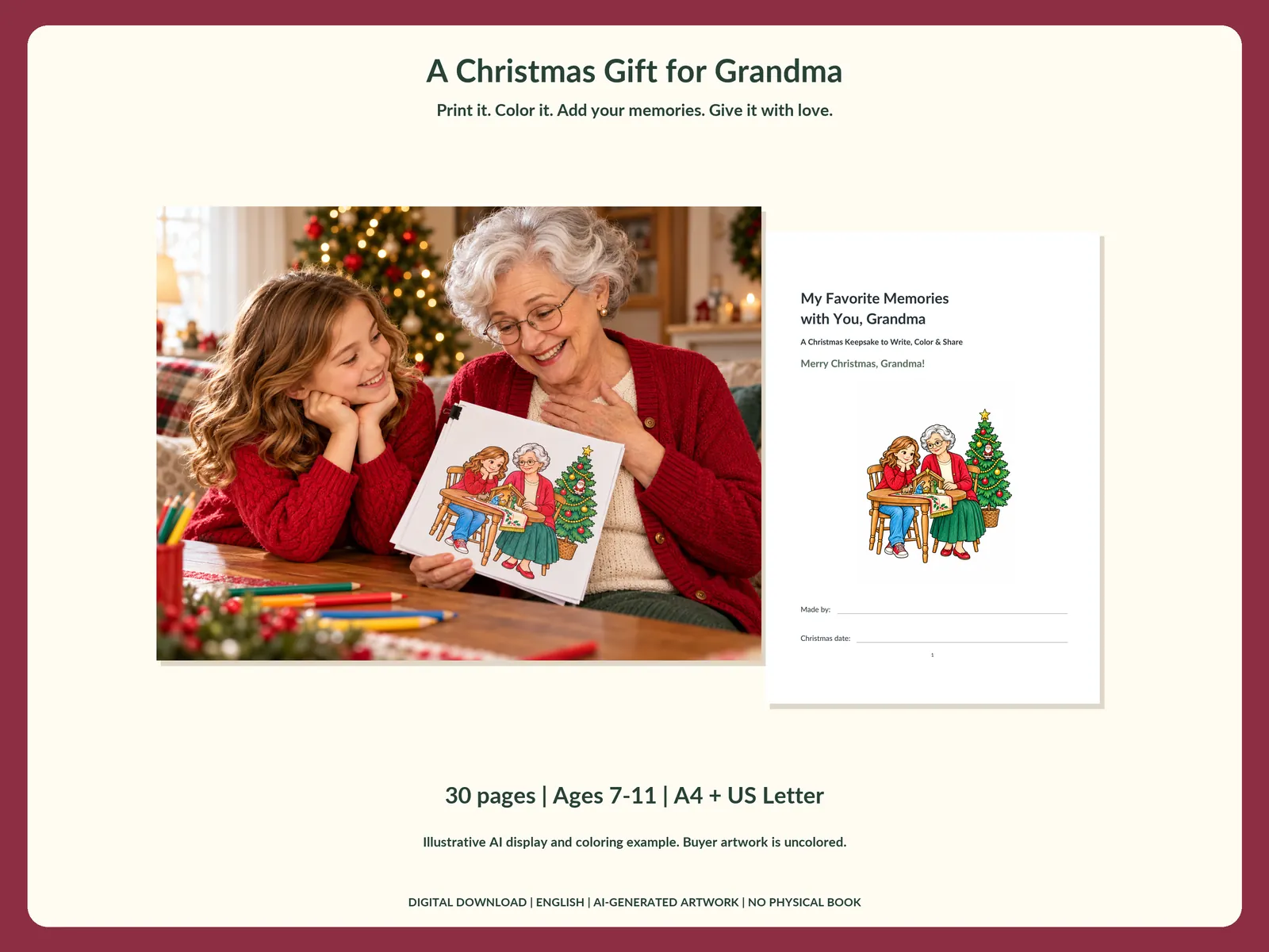 Actual Etsy preview of the Grandma Christmas memory book with coloring and writing pages.
