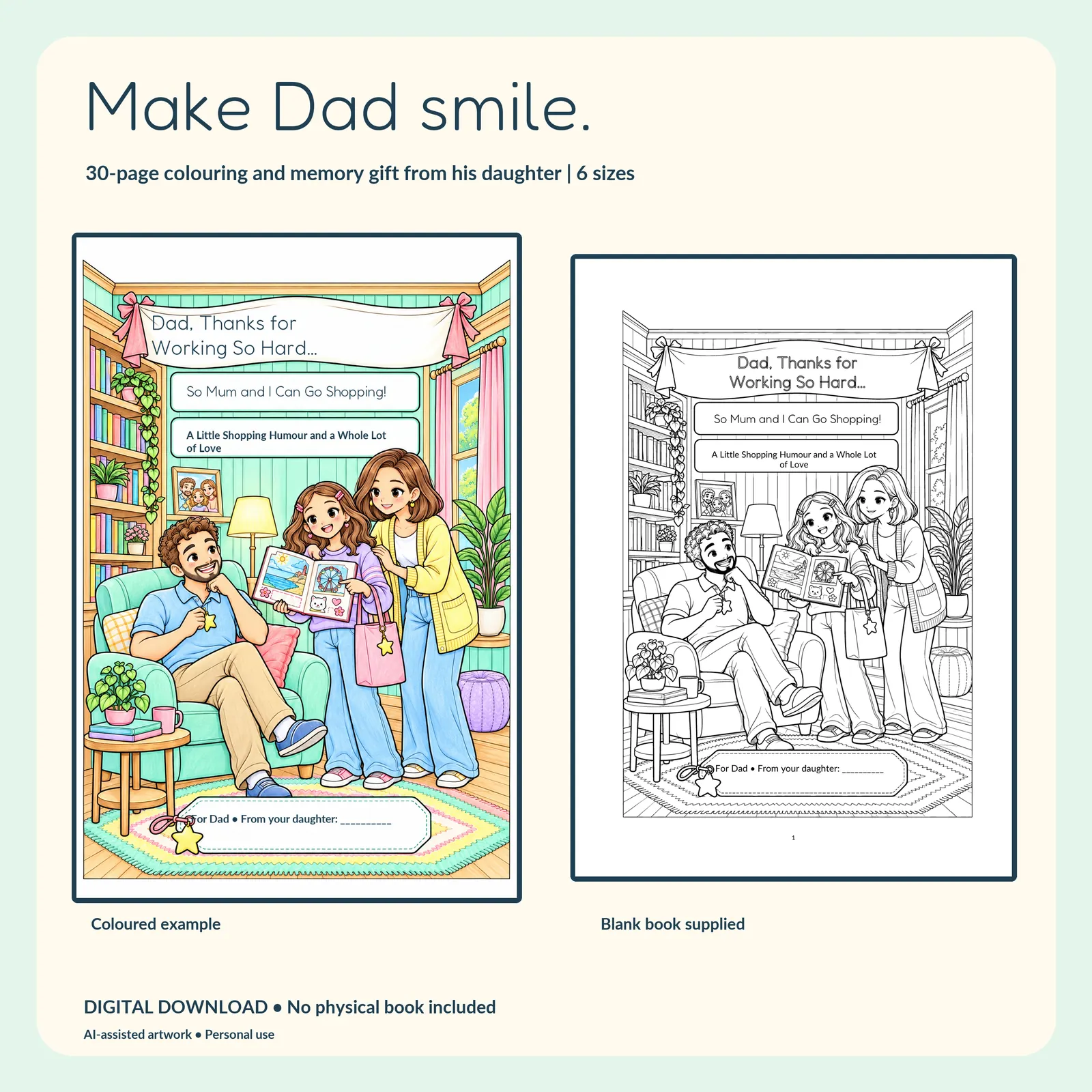 Actual preview of the Dad shopping-humor keepsake, including its cover and interior examples.