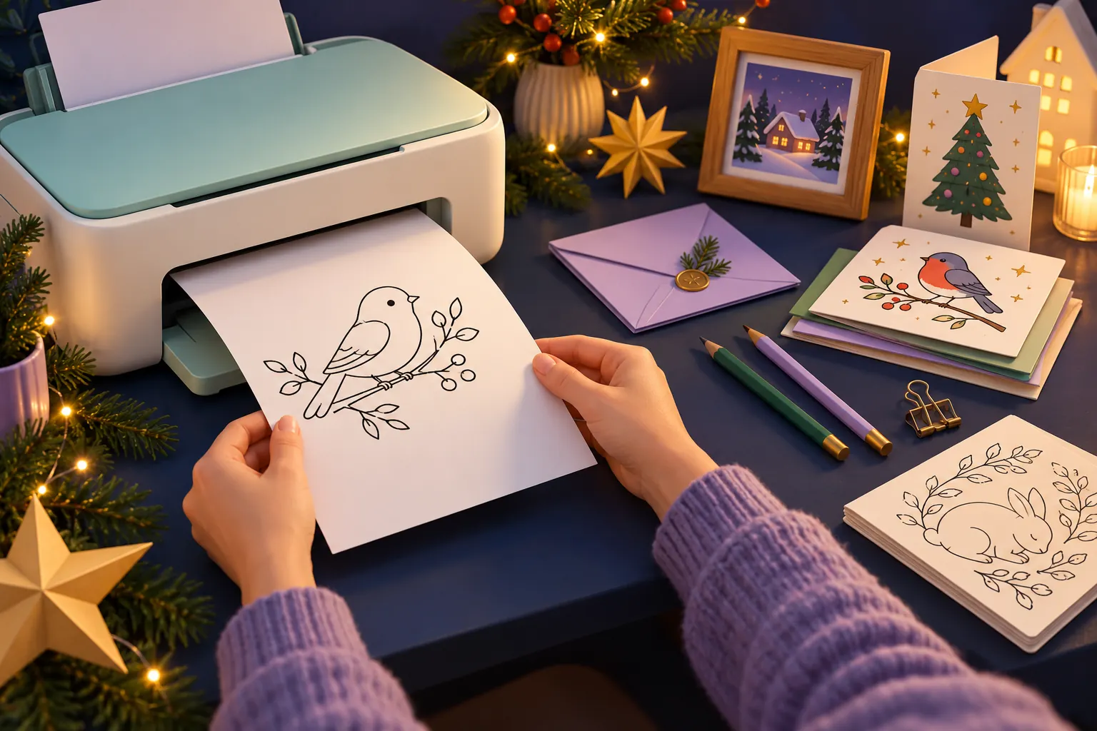 AI-generated illustration of hands checking a bird-outline proof sheet beside an unbranded home printer and handmade Christmas paper gifts.