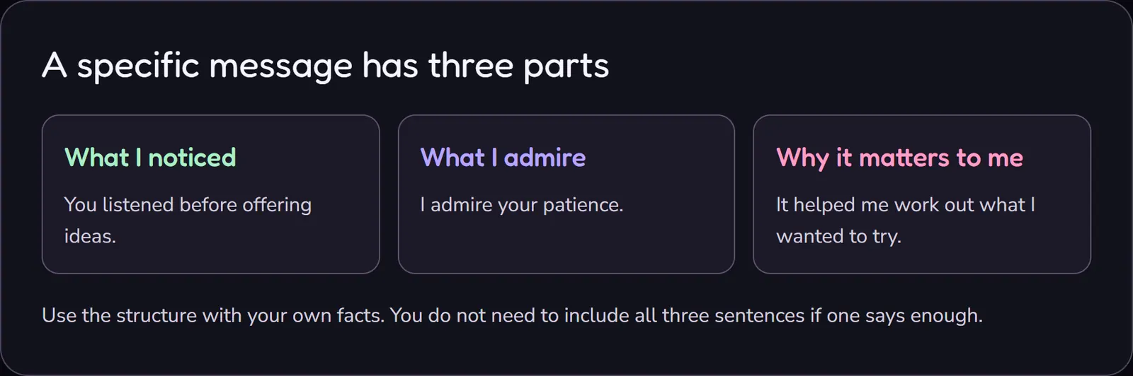 A message of pride moves from an observed action, listening before offering ideas, to the admired quality, patience, and its personal meaning. The wording is an adaptable example.