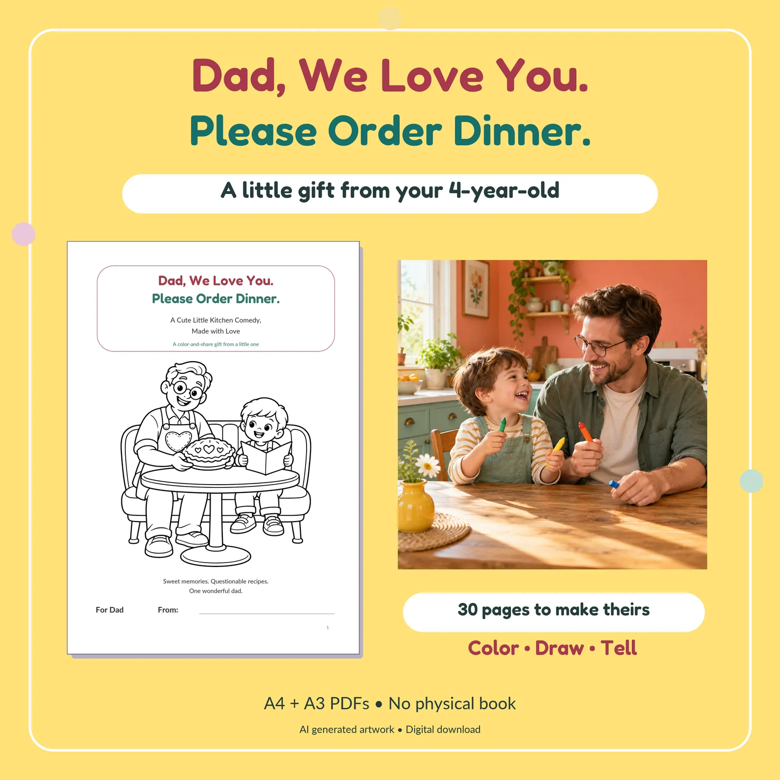 Actual Etsy presentation of the preschool Dad dinner-comedy coloring keepsake and its printable pages.