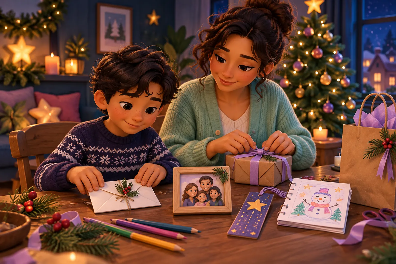 AI-generated illustration of a child and adult preparing small Christmas gifts, including a letter, picture frame, bookmark, and handmade booklet.