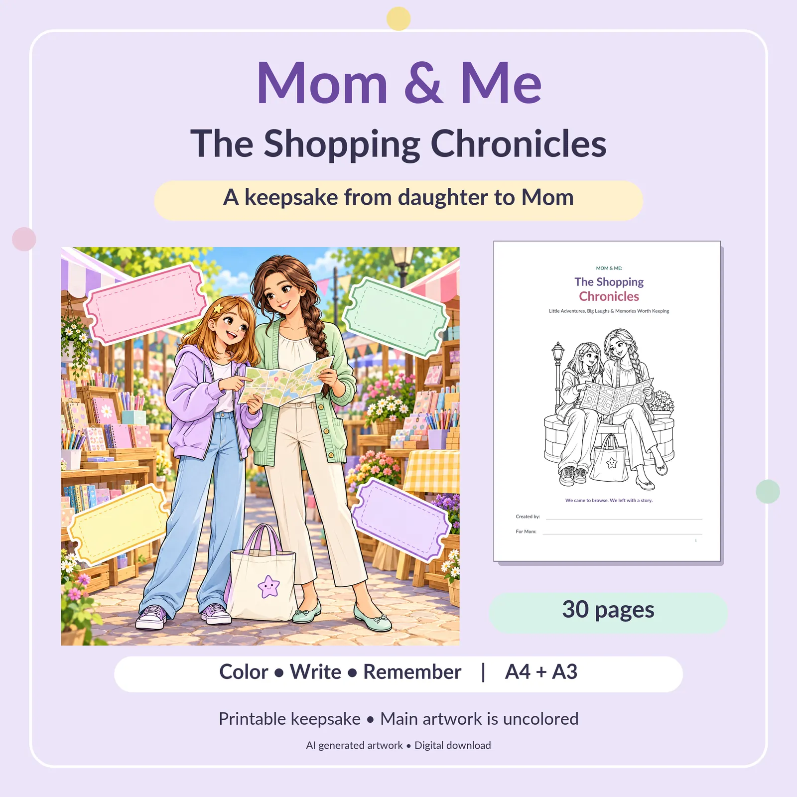 Actual Etsy preview of Mom and Me: The Shopping Chronicles, with the cover and interactive coloring-journal pages.