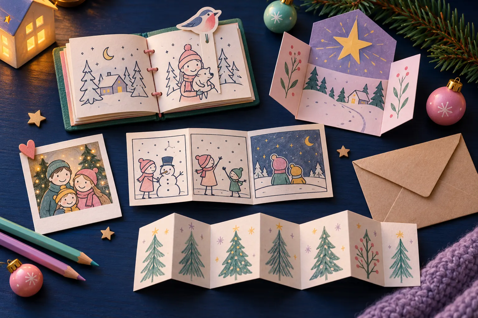 AI-generated overhead illustration of handmade paper gifts, including a mini-book, bird bookmark, photo, three-panel comic, and accordion strip.