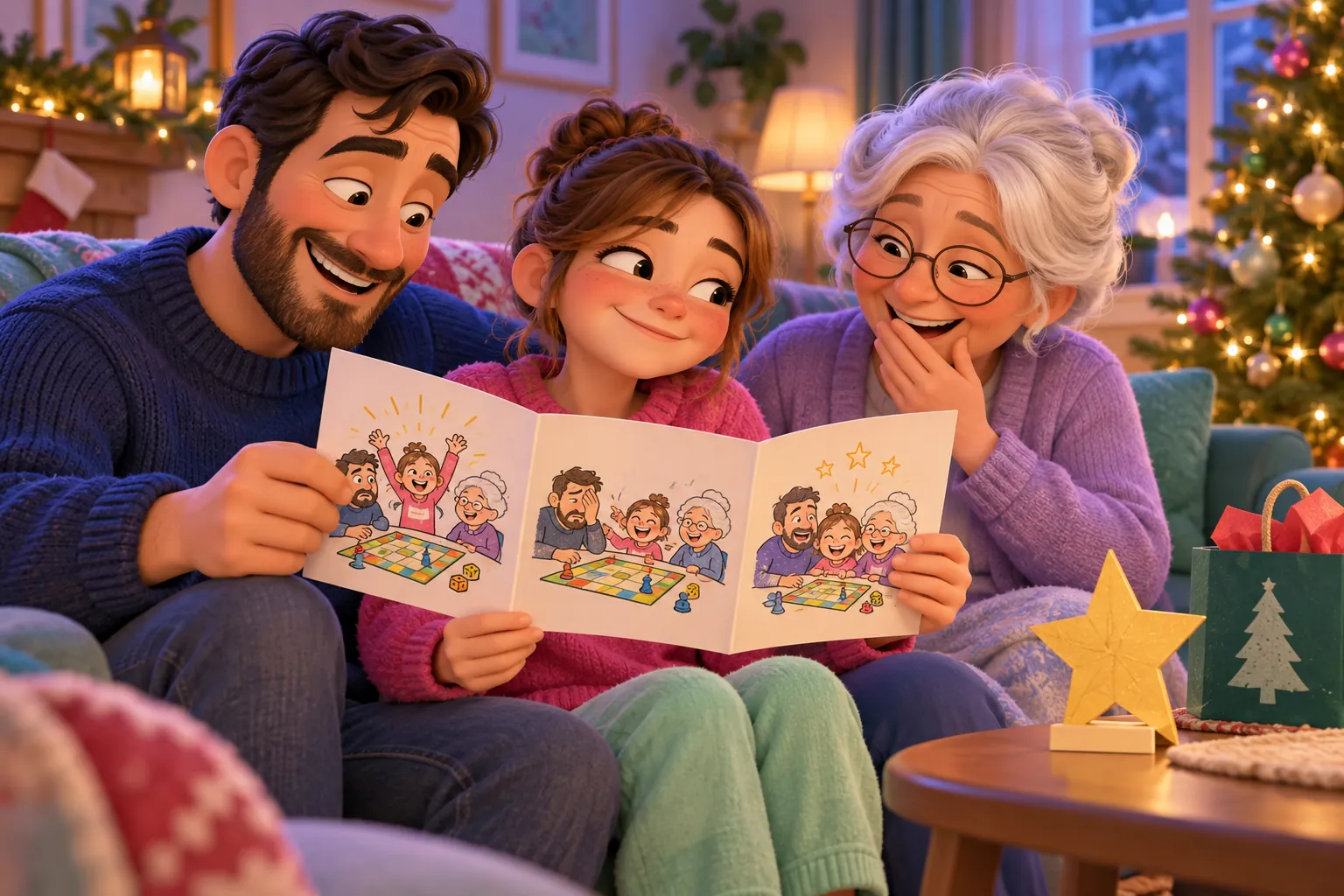 AI-generated illustration of a girl, her dad, and her grandmother smiling together over a handmade board-game comic at Christmas.