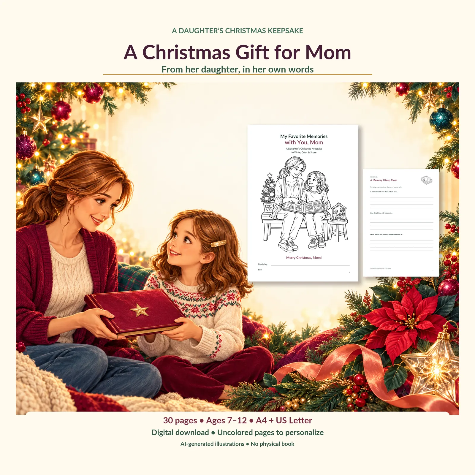 Actual Etsy preview of the Mom Christmas memory keepsake, including its cover and sample printable pages.