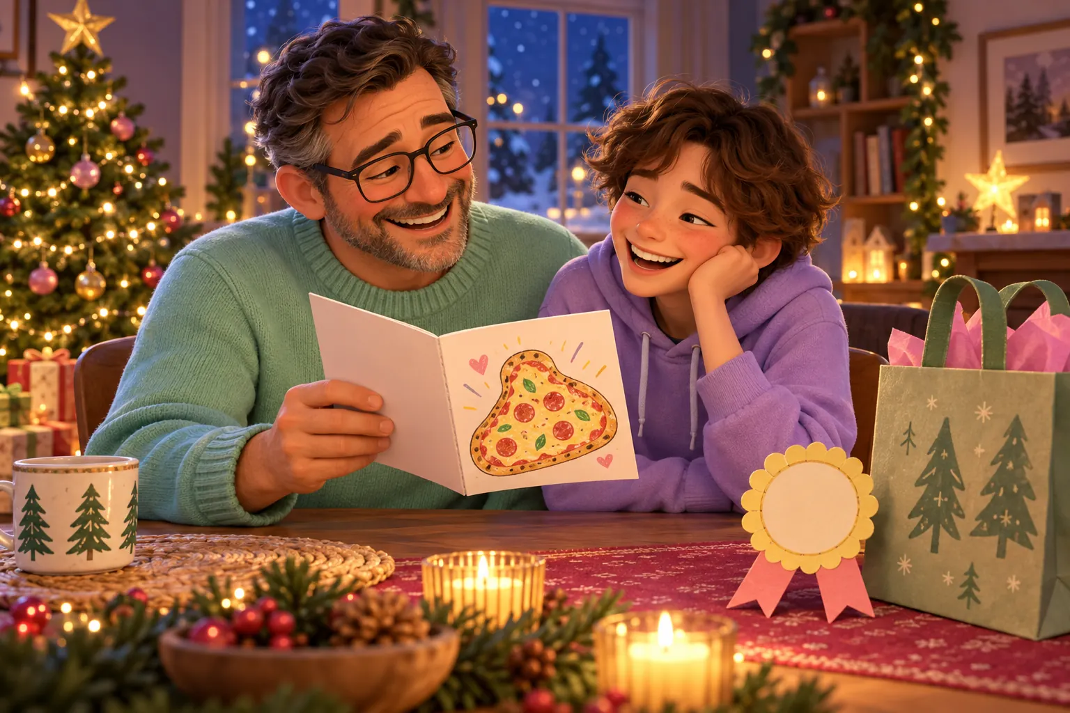 AI-generated illustration of Dad and his child laughing over an unlettered pizza-shaped card, with a handmade award in a Christmas room.
