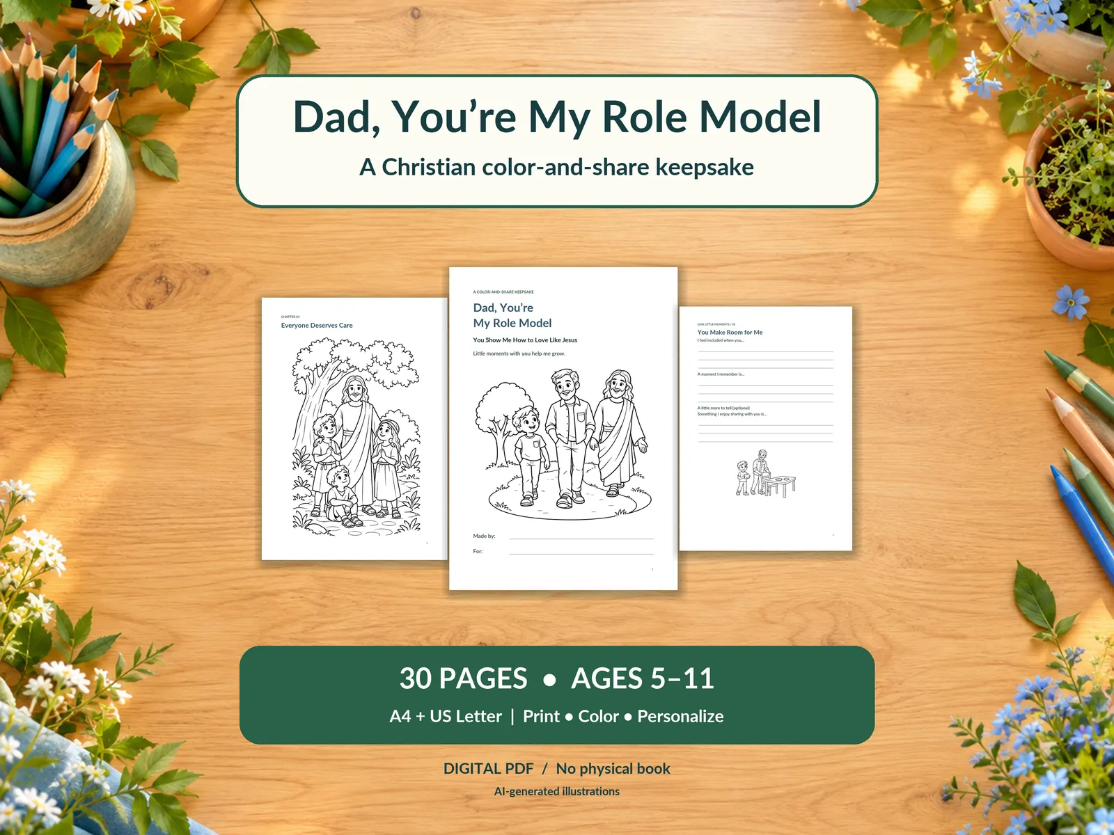 Actual Etsy preview of the Dad role-model coloring and memory book, showing its cover and interior examples.