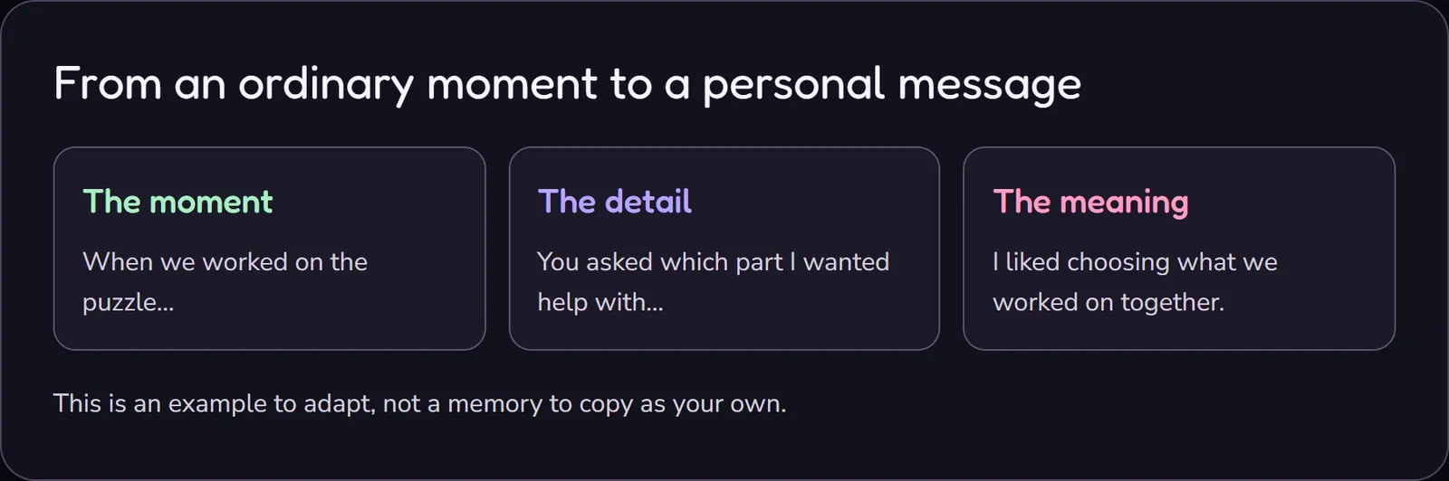Three steps for a Stepdad message: identify a real shared moment, add an observable detail, and explain its personal meaning. A puzzle example illustrates the structure.
