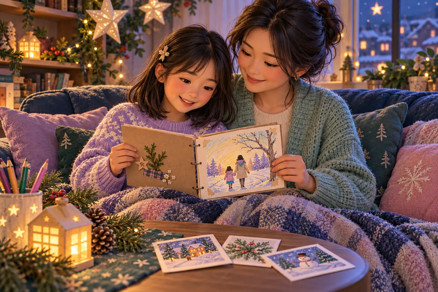 AI-generated storybook illustration of Mom and her school-age daughter looking through a handmade memory album beside Christmas decorations.