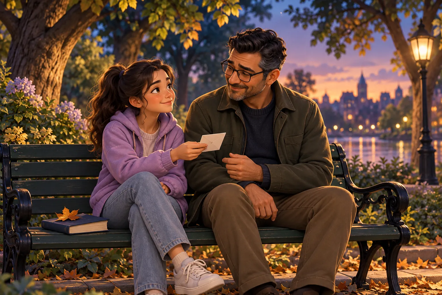 AI-generated illustration of a teenager passing a small note to her dad while they sit together on a park bench.
