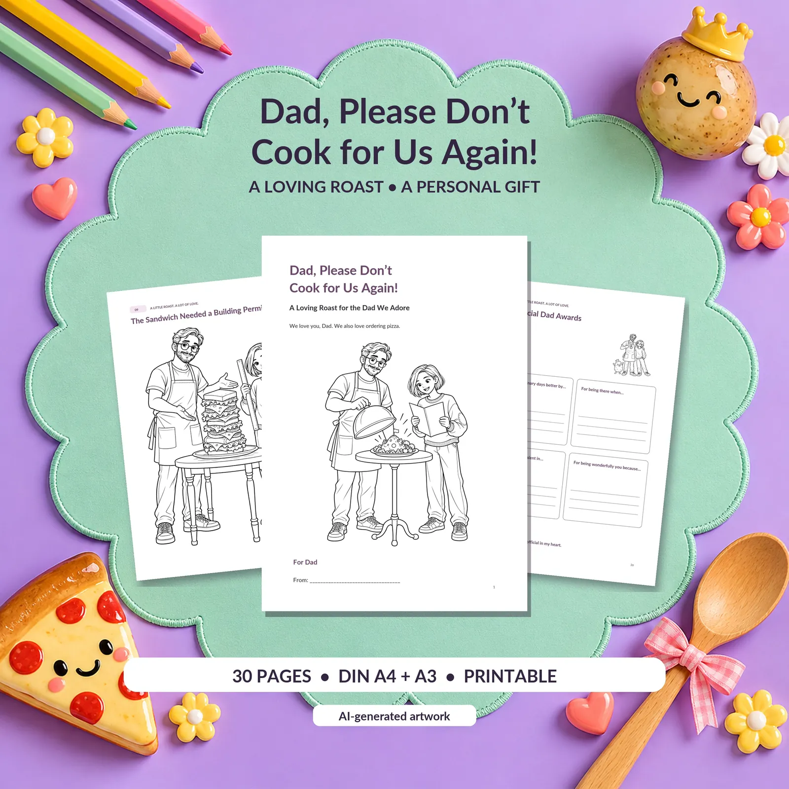 Actual Etsy preview of the older-child Dad kitchen-comedy coloring and memory gift book.