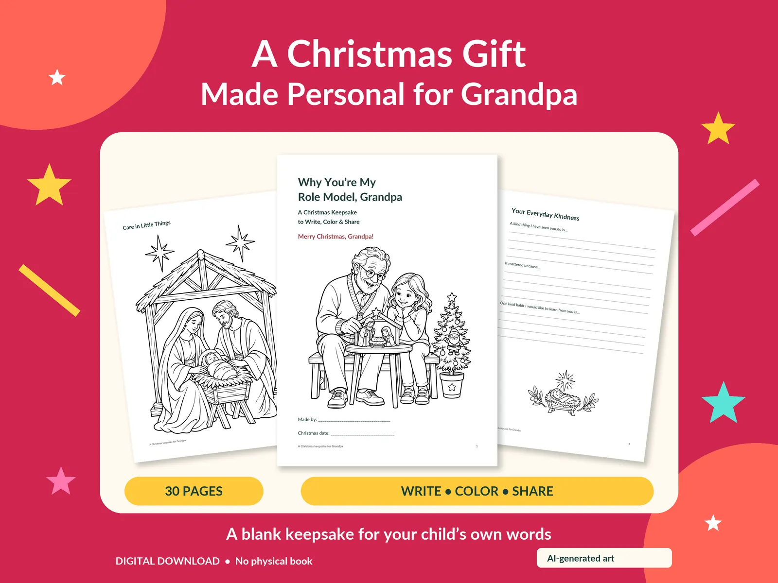 Actual Etsy preview of the Grandpa role-model Christmas coloring and memory keepsake.